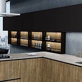 Premiumline kitchen with black handleless profile in walnut woodgrain and dark Graphite matt finish
